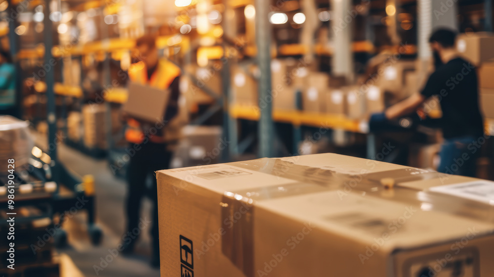 Poster efficient warehouse operations with workers handling packages in busy environment. focus is on teamw