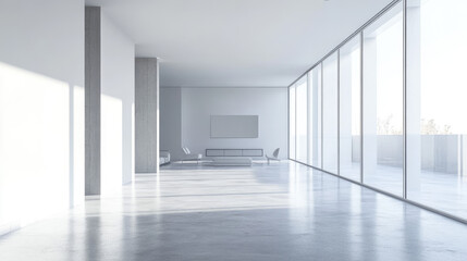 Stylish open room with a minimalist aesthetic. Neutral tones, clean lines, and large windows create a calming and spacious environment.
