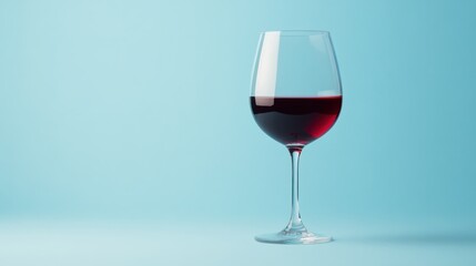 A single glass of red wine on a soft sky blue pastel background, creating a simple, modern look.