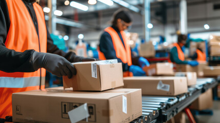 Efficient workers in bright vests sort packages on conveyor belt in busy warehouse, showcasing teamwork and productivity in logistics