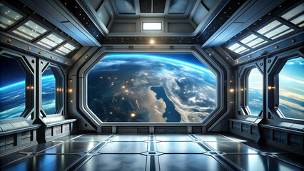 Futuristic space station interior with holographic displays and breathtaking earth view window, futuristic