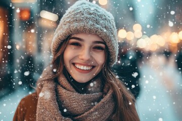 Holidays, christmas, winter and people concept - smiling young woman in warm clothes over snowy city street background with generative ai