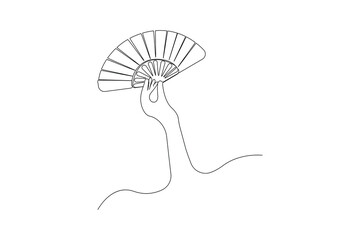 Hand holding hand fan continuous line art drawing. Vector illustration.