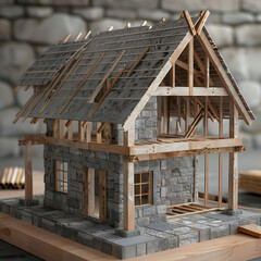 Obraz premium Detailed miniature house model construction showcasing a blend of stone and wooden elements in a creative workspace setting