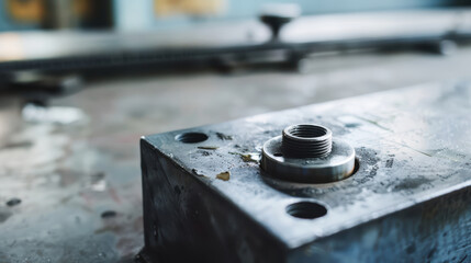 A close up view of metallic component featuring threaded insert, showcasing intricate details of industrial machinery. surface reflects sense of wear and use, emphasizing its functional design