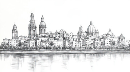 Fototapeta premium Crdoba, Spain, black and white pen pencil hand-drawn effect drawing illustration for travel poster, card, wallpaper, backdrop or banner. Modern, clear, artistic and simple