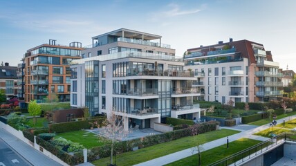 A photo of modern apartment buildings in a green residential area in the city. The buildings have a mix of architectural styles, with some featuring glass walls and others having traditional layouts. 