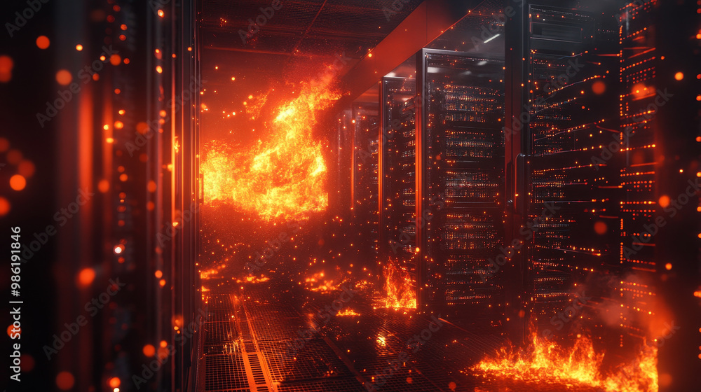 Poster intense flames are spreading through data center, illuminating dark environment with fiery glow. sce