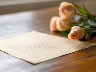 Delicate pink roses resting beside a vintage letter on a rustic wooden table