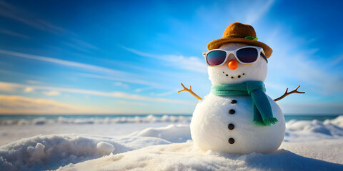 Obraz premium Snowman with sunglasses enjoying a summer day , Christmas in July, snowman, sunglasses, summer, holiday, tropical, beach, sunny