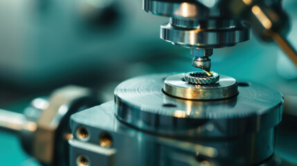 Precision machinery is showcased in this close up image, highlighting intricate components and delicate process of manufacturing. focus on mechanical details evokes sense of craftsmanship and engineer