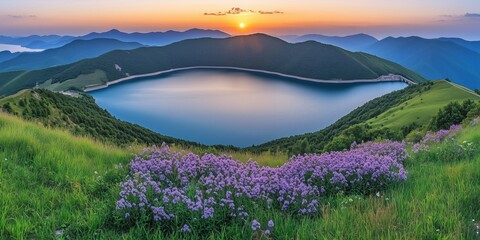 Beautiful mountain lake landscape at sunset with floral meadow in summer