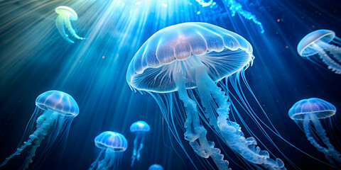 Glowing jellyfish gracefully swim in the deep blue sea, marine life, underwater, bioluminescence, ocean, creatures