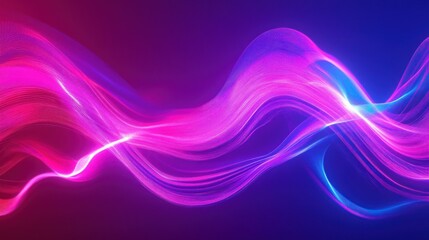 Abstract wavy lines of neon pink and blue light on a purple background.