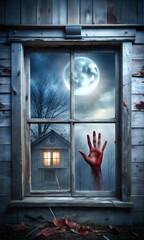Chilling Halloween Blood covered Hand in Window Graphic Resource for Spooky halloween background posters and halloween parties
