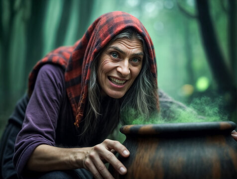 Strega sorridente con mantello a quadri e pozione magica &ndash; Scena di magia nella foresta