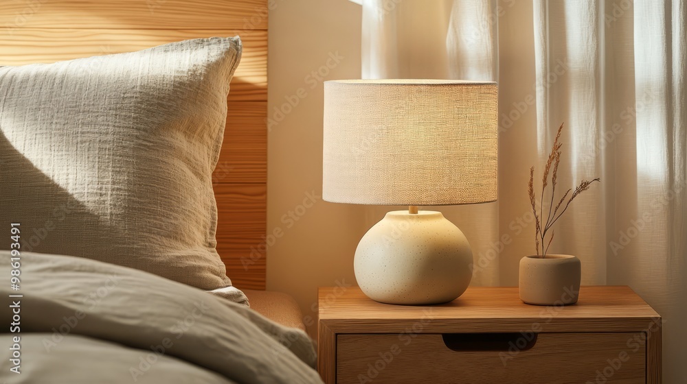 Poster A small ceramic table lamp with a linen shade on a wooden nightstand in a cozy, softly lit room during evening hours