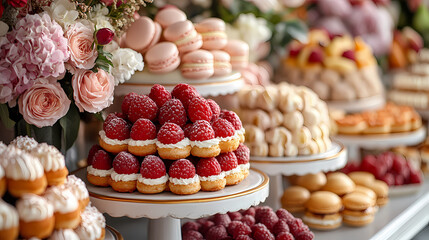 An elegant dessert table filled with French pastries