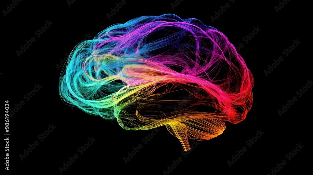Sticker abstract colorful lines forming a brain shape on black background.