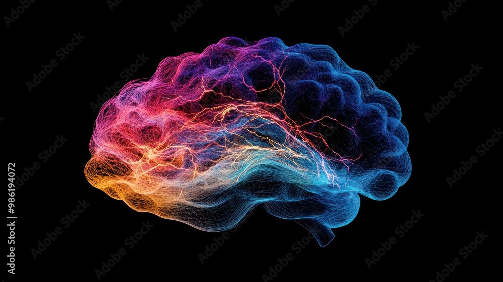 Poster abstract colorful brain with glowing lines on black background.