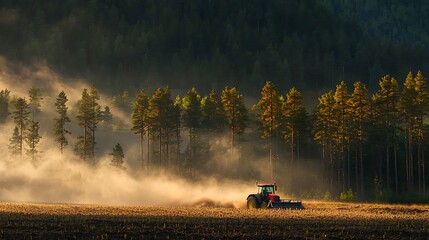 Fototapeta premium A tractor toils in a field, framed by a forest's embrace, working in harmony with nature.