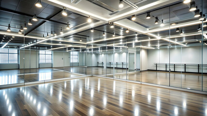 Fototapeta premium Contemporary dance studio with mirrored walls, modern lighting and a high-tech sound system
