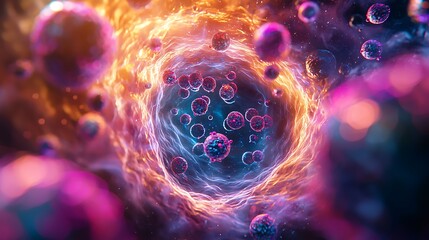 A swirling vortex of colorful spheres, an abstract dance of energy and movement.