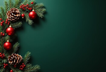 Festive Christmas wreath with pinecones, red baubles, and berries on a dark green background