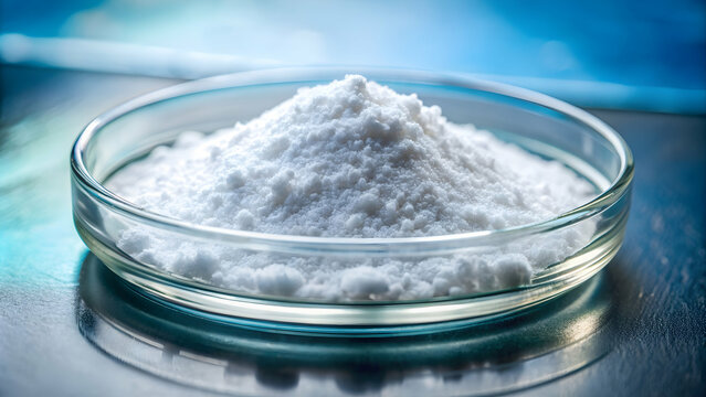 Close-up of sodium laureth sulfate powder in a lab dish with chemical analysis results, sodium laureth sulfate