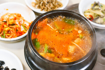 Korean Traditional Fermented Soybean Stew and Assorted Side Dishes