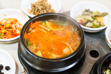 Korean Traditional Fermented Soybean Stew and Assorted Side Dishes