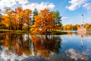 Chesme column on island of Grand pond in autumn in Catherine park, Pushkin (Tsarskoe Selo), Saint...