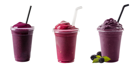 Blackberry smoothie in plastic cup with a straw isolated on a transparent background, Cutout PNG