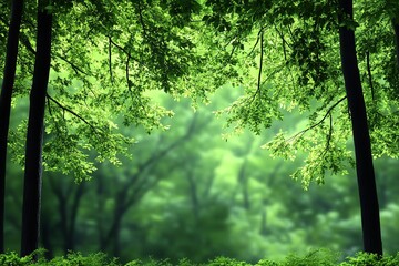 Fototapeta premium A blurred forest background, with soft green hues and light filtering through, creating a peaceful, natural scene