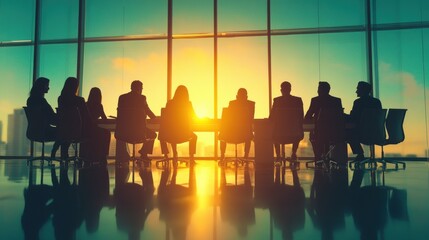 Silhouettes of business people sitting in a meeting room with the sunset in the background.