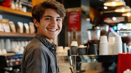 An American teenager working a part-time job at a local coffee shop, smiling and serving customers