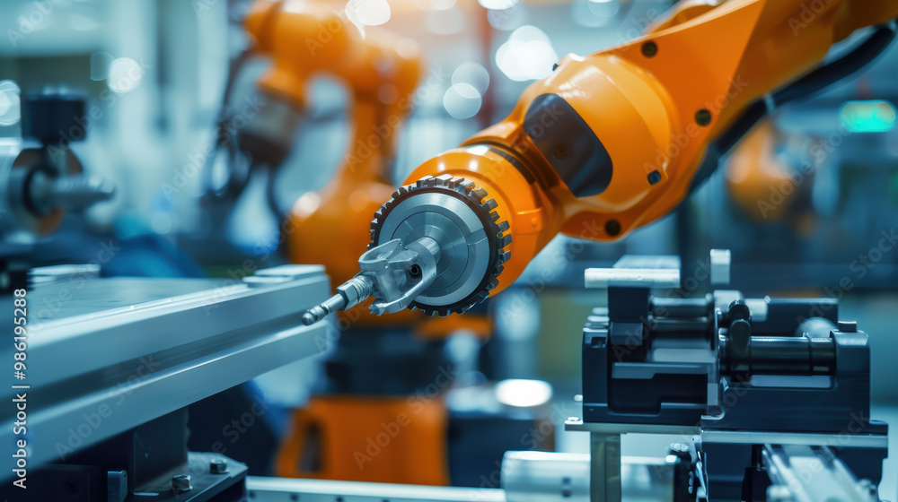 Poster automated robotic arm working in modern manufacturing facility, showcasing precision and advanced te