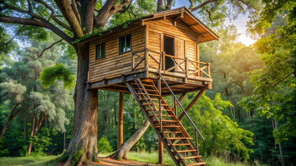 Treehouse with wooden platform and ladder, treehouse, tree, home, outdoor, nature, architecture, wooden, platform, ladder, green