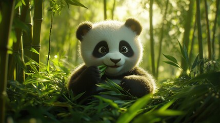 Panda Cub Relaxing In Bamboo Forest With Soft Sunlight Filtering Through The Leaves