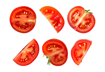 Tomato slices and wedges showcasing their juicy red flesh and seeds on a transparent background