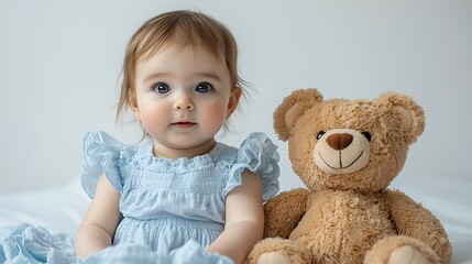 Dressed in a blue dress, a baby girl cuddles her teddy bear, a moment of comfort and love.