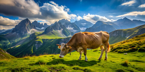 Naklejka premium Cow grazing peacefully in the picturesque mountains, cow, cattle, mountain, nature, scenic, landscape, livestock, grass