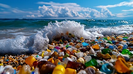 Waves crash on a beach, carrying with them the sad reality of plastic debris.