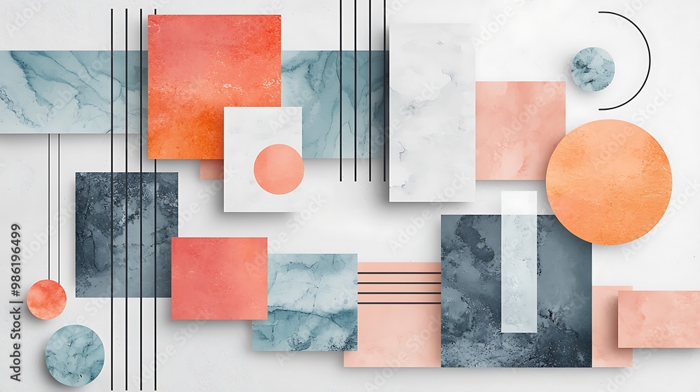 Poster geometric shapes blend with marble textures in a watercolor background of subtle complexity.