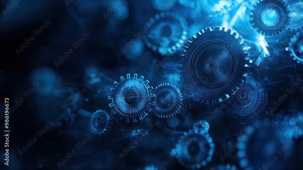 Poster abstract blue digital technology background with gears and cogs, dark color palette generative ai