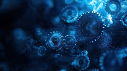 Abstract blue digital technology background with gears and cogs, dark color palette Generative AI