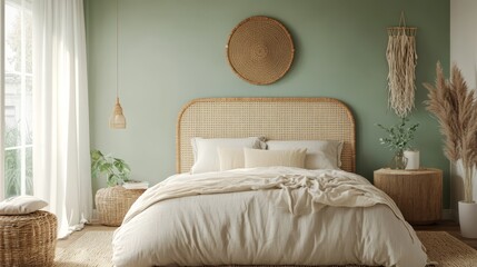 A cozy bedroom featuring a soft sage green accent wall, light rattan headboard, and a calm atmosphere with neutral bedding in the evening light