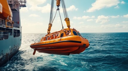 Obraz premium A lifeboat is being lowered from a ship's crane into the choppy waters of the ocean.