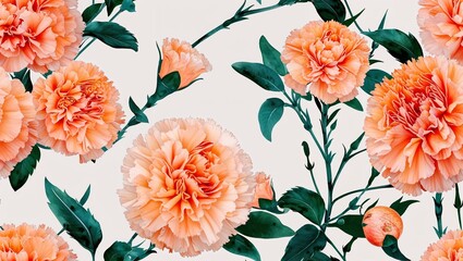 Peach carnations watercolor wash seamless plain white background design