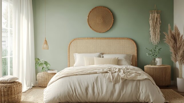 A cozy bedroom featuring a soft sage green accent wall, light rattan headboard, and a calm atmosphere with neutral bedding in the evening light